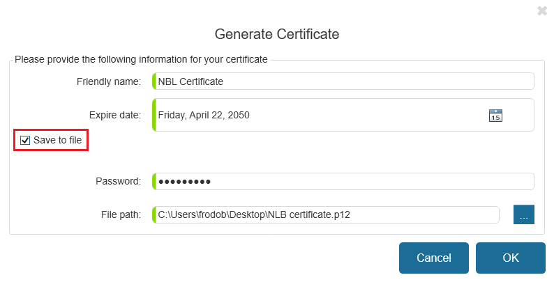 Generate Certificate dialog box
