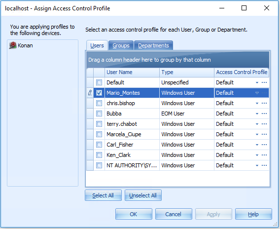 Users list in the Assign Access Control Profile dialog box