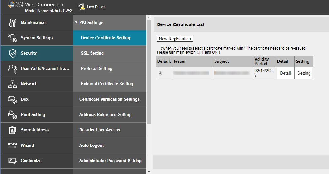 Device certificate settings