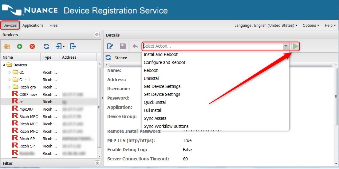 The Devices tab in Device Registration Service.