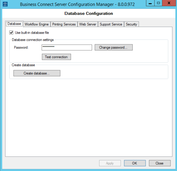 Business Connect Server Configuration Manager, Database tab