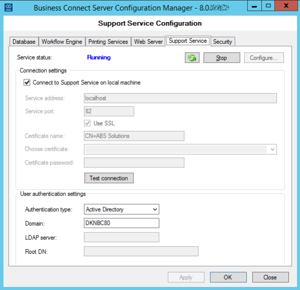 Business Connect Sercer Configuration Manager - Support Service
