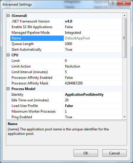 Sample advanced settings for DefaultAppPool