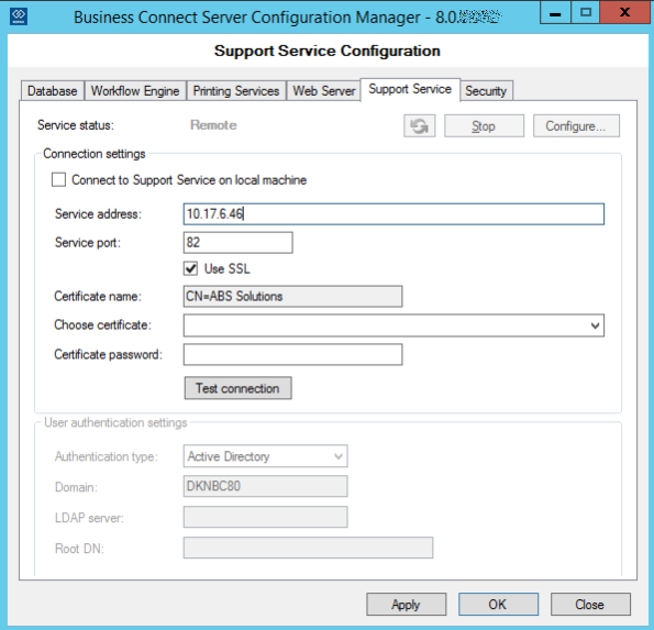 Business Connect Server Configuration Manager - Support Service