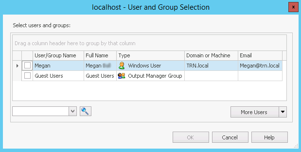 User and Group Selection dialog box
