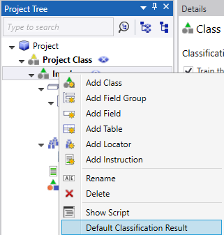 Extraction project Tree: Default Classification Result selected