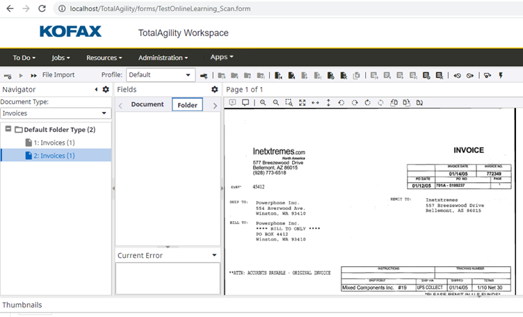 TotalAgility Workspace Scan create new job form