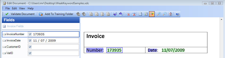 Image showing how weak keywords are used to locate the invoice date and number