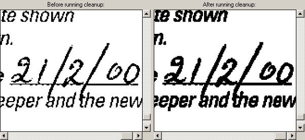 An image that shows the before and after affects of applying the Light Thicken Filter on a document that contains hand written content.