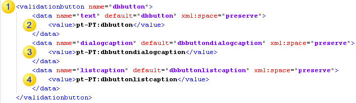 An image that shows an XML code snippet as an example how to localize database button related items.