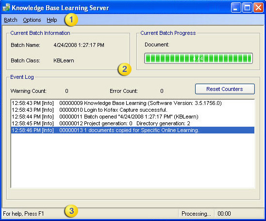 An image that shows the main screen of the Knowledge Base Learning Server.