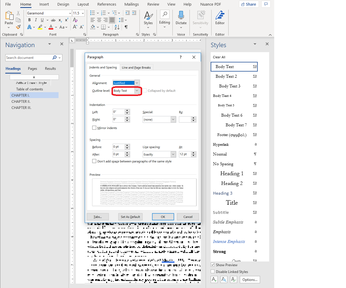 Paragraph dialog box and Styles