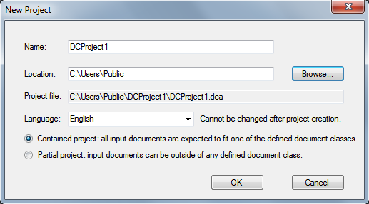 New project dialog box