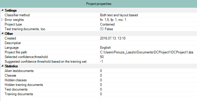 Project properties window