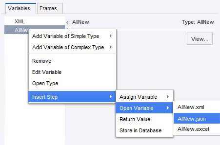 Inserting an Open Variable Step Action from the Variables View