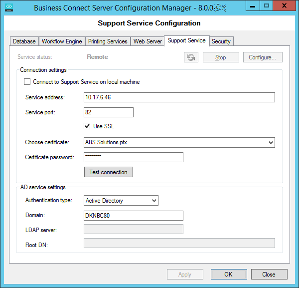 Business Connect Configuration Manager - Support Service Configuration