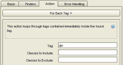 Action tab, For Each Tag